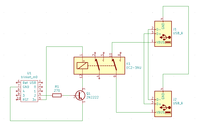 Simple circuit using a Trinket M0 and a transistor to control a relay between two USB VBUS lines