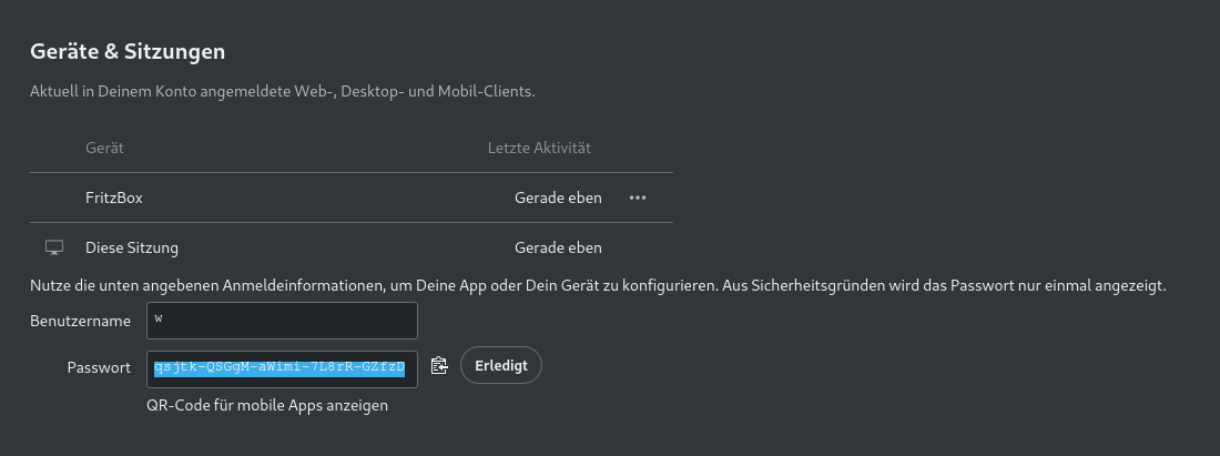 Nextcloud: Generiertes App Passwort