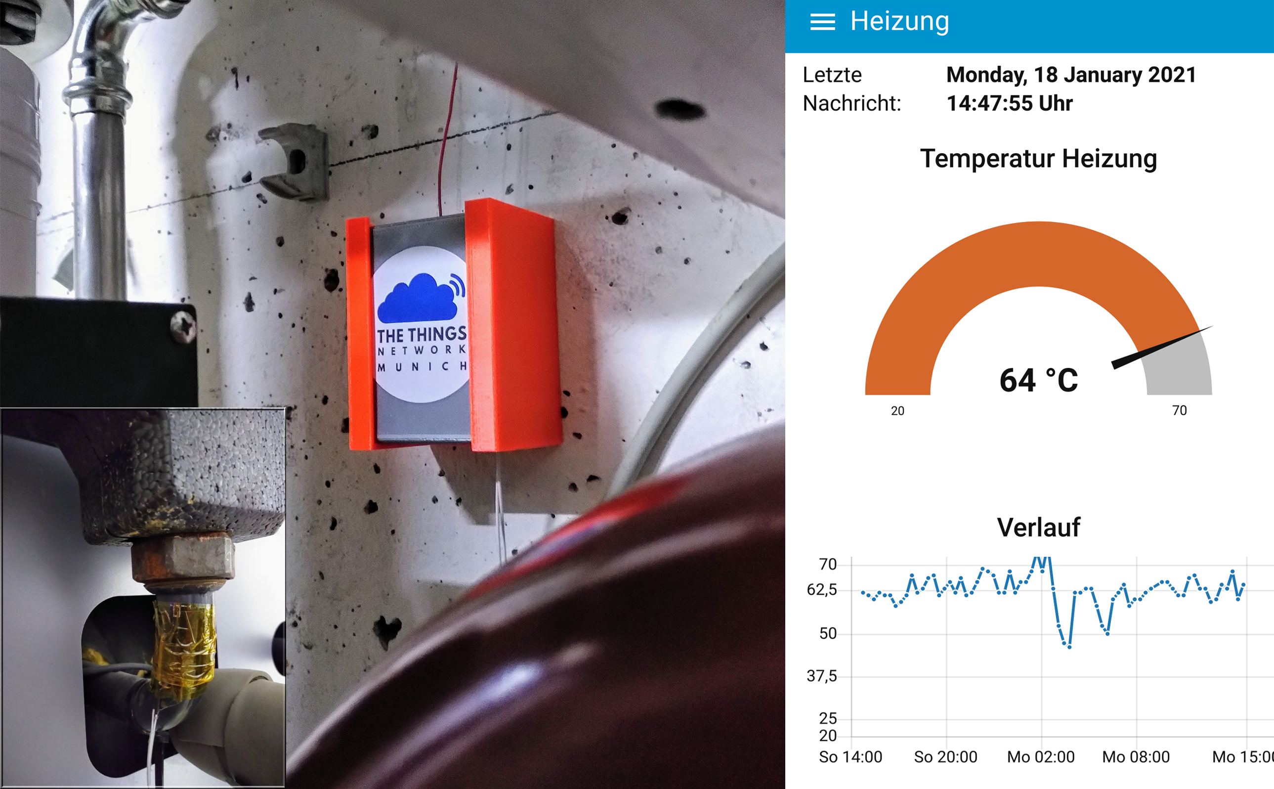 Ein sensor im Heizungsraum und eine Grafik des Temperaturverlaufs